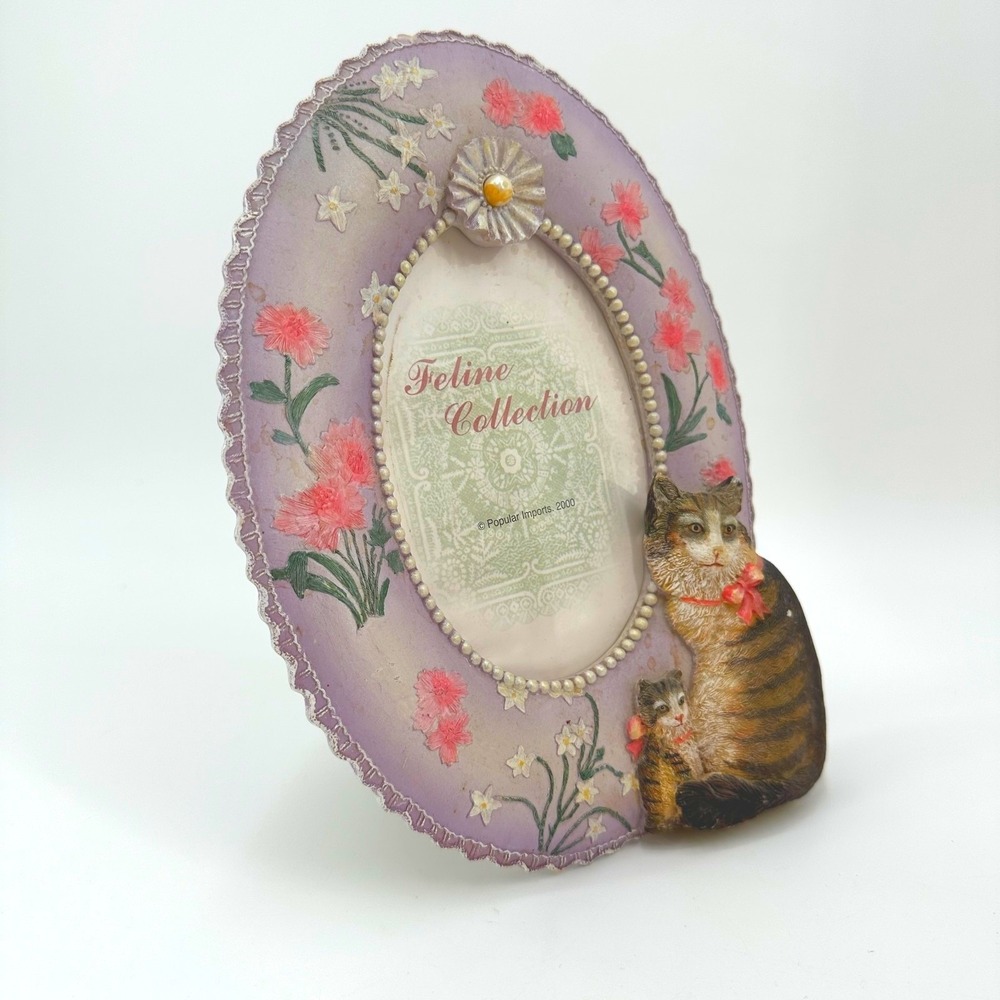 Vintage 1990 Cottagecore Ceramic Oval Photo Frame w/ Flowers &‎ Cats